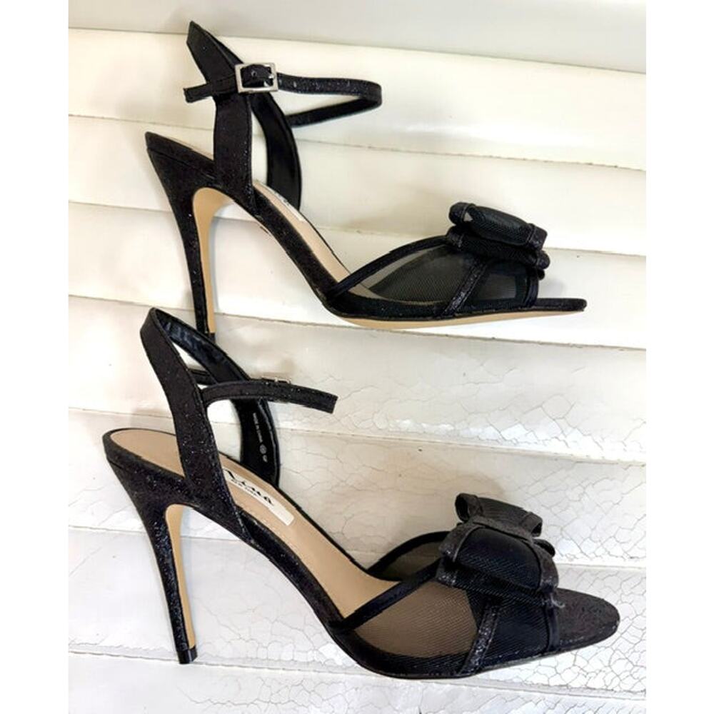 Nina Black Mesh Glitter Bow Heeled Sandals Sz7 - Picture 5 of 6